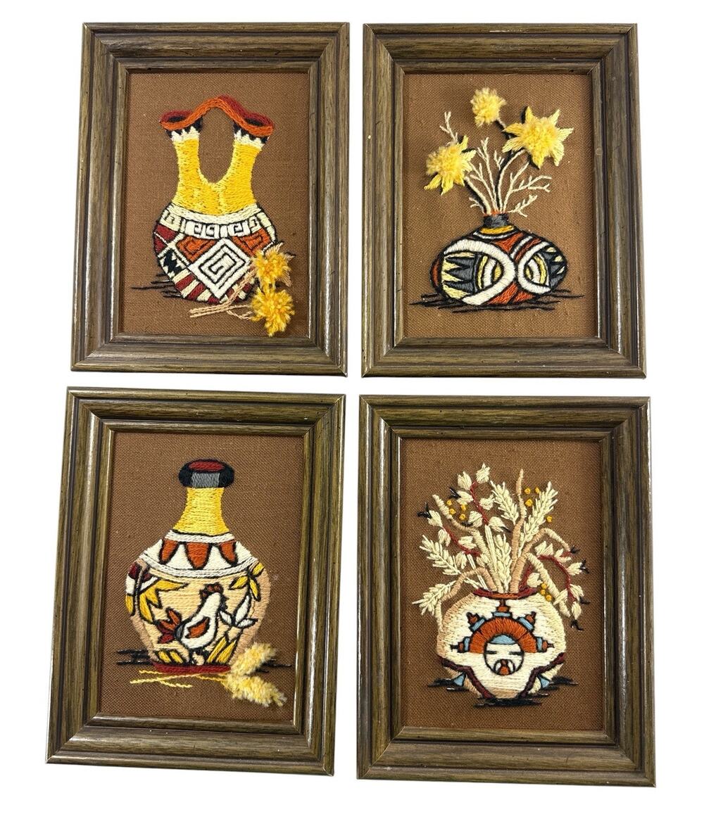 Vintage 1970s Jiffy Stitchery Crewel Embroidery Southwestern Pottery Art Set 4
